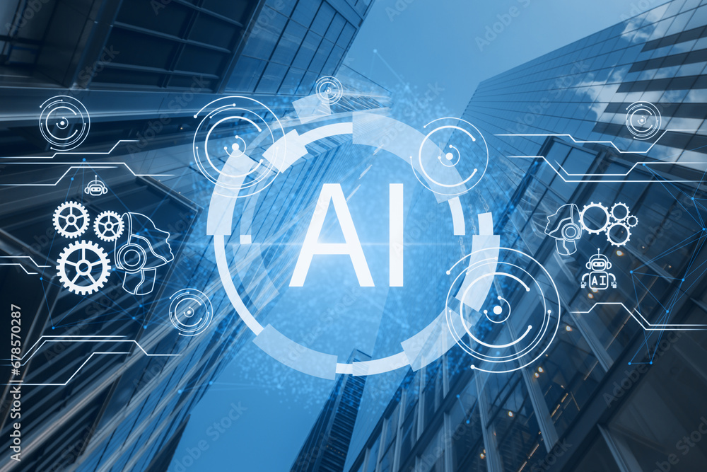 Poster glowing ai hologram on blurry city background. artificial intelligence, robotics and chat gpt concep