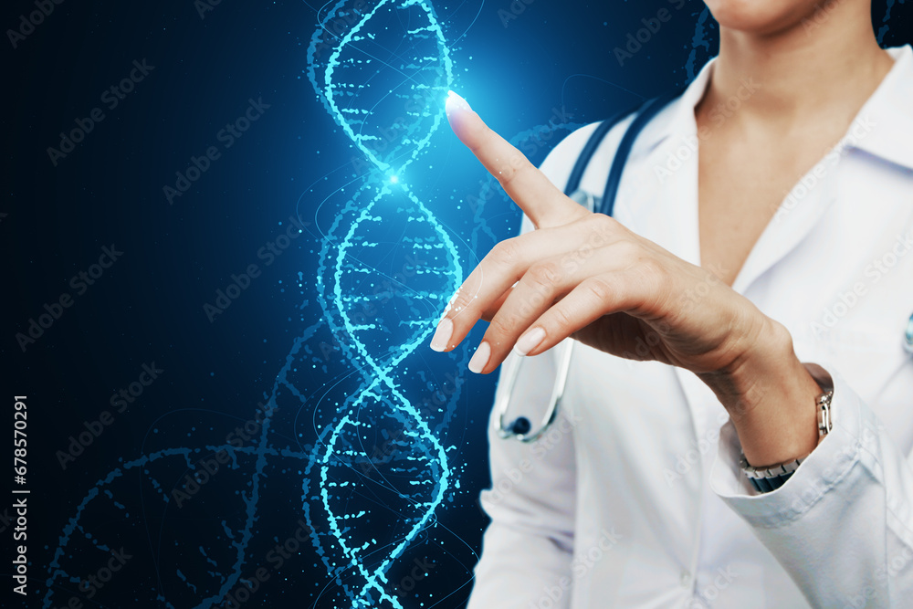 Poster Doctor interacting with DNA structure in futuristic setting