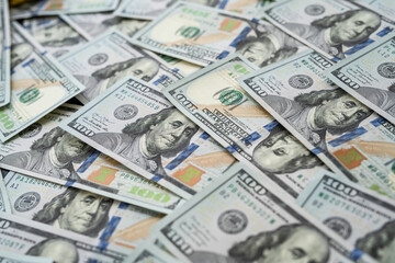 Pile of new 100 one hundred dollars as finance background. Nobody, usa money