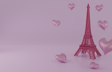 Pink eiffel paris  background for product. Heart balloons symbols of love for Happy women's- mother's- valentine's day- birthday. 3d rendering