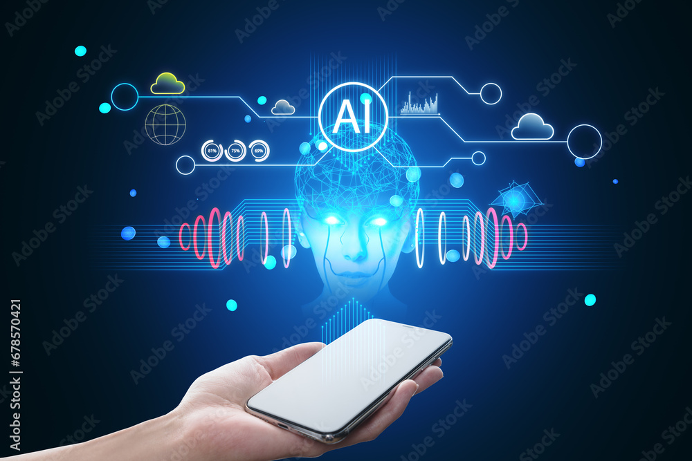 Poster close up of female hand holding cellphone with creative polygonal human head and icons hologram on b