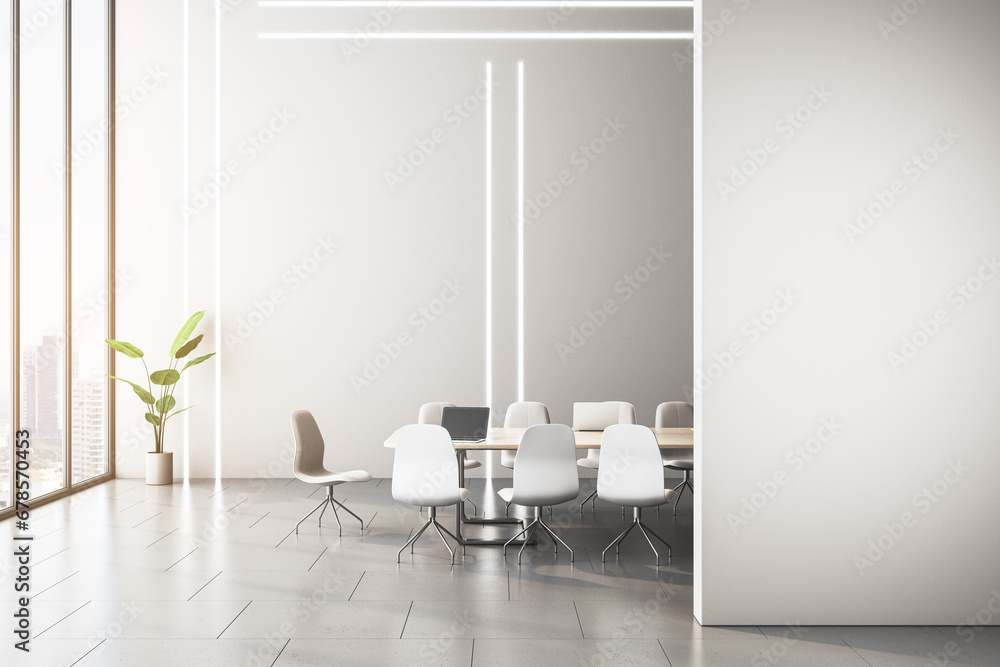 Poster modern meeting room interior with empty mock up place on wall, table and chairs, wooden flooring and