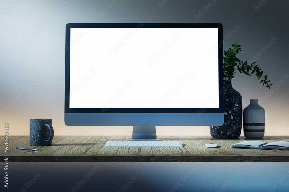 Aufkleber close up of creative dark designer desktop with empty white computer display, coffee cup, supplies a