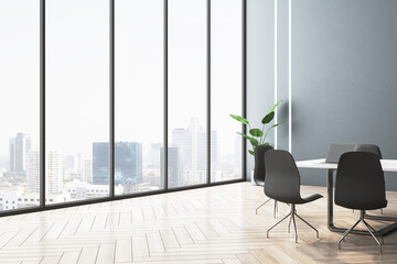 Fototapeta premium Bright meeting room interior with table and chairs, wooden flooring and panoramic window with city view. 3D Rendering.
