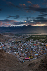 Magnificent view of Leh City from Above during golden hour time. Leh in capital city of Ladakh, located in India. Ladakh also well known as the highland because its over 3.500 meters above sea level