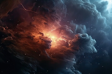 Cosmic thunderstorm with electric lightning flashes and swirls in the nebula