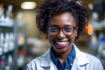 Confident female pharmacist with smile stands in a white coat against background of shelves with bottles of pills and medicines, ready to explain to patients the instructions for medicines - obrazy, fototapety, plakaty