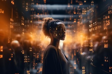 An lady of african origin in a tech city. Human and artificial intelligence. The future of technology. - obrazy, fototapety, plakaty