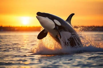 Fotobehang Orca Amidst a dreamlike polar sunset, an orca whale emerges powerfully from the chilly waters, creating a dynamic interplay of movement and light.