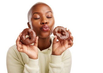 Kiss, black woman and donut with chocolate for cake dessert, treats and sugar snack. Lips, candy and food with young model with baking, sweet pastry and isolated on transparent png background