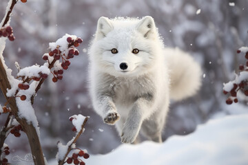  The pristine white world of the Arctic is energized by the graceful motion of an Arctic fox, its fur mirroring the snowy surroundings.