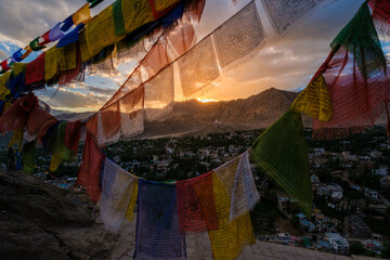 Magnificent view of Leh City from Above during golden hour time. Leh in capital city of Ladakh,...