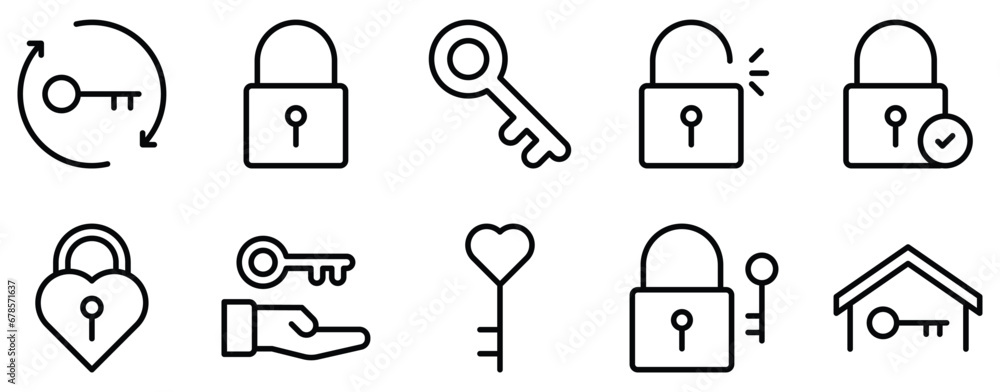 Poster keys and locks line style icon collection
