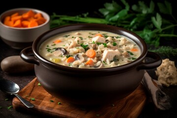Creamy turkey soup bowl healthy cooking. Fresh starter dinner meal. Generate Ai