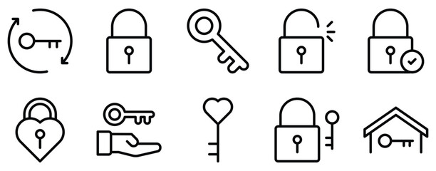 keys and locks line style icon collection - obrazy, fototapety, plakaty