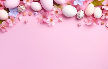 Fototapeta na wymiar Colorful Easter chocolate eggs, bunnies and spring flowers border flat lay on pink background. Happy Easter! Stylish easter layout, greeting card or banner template.