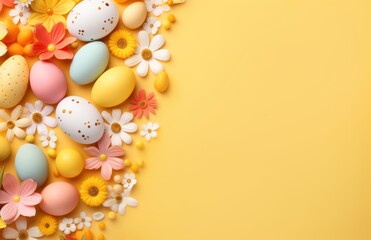 Fototapeta na wymiar Colorful Easter eggs, bunnies and spring flowers border flat lay on yellow pastel background. Happy Easter! Stylish easter layout, greeting card or banner template