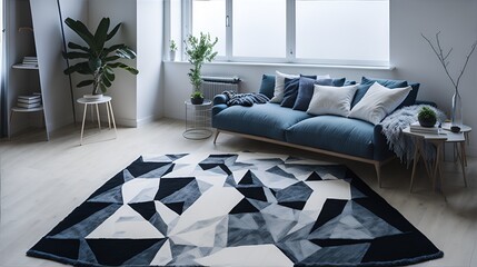 Small living room with a geometric rug, Generative AI