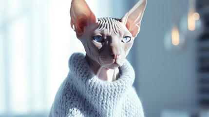 Portrait of Egyptian bald sphinx cat in warm blue knitted sweater in interior of minimalist room. Cute cats, clothes for animals, pet store.