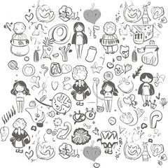 Hand drawn simple elements set. Sketch underlines, icons, emphasis, Hand drawn like kids Mother life pattern design for print including different elements of love and baby flower and kids