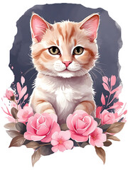 Watercolor illustration adorable orange cat with pink flowers decoration on white background. Kitten creative graphics design.