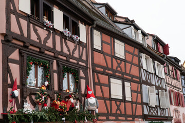 buildings with Christmas decorations in Alsace, France for new year 