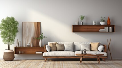 Fototapeta na wymiar Contemporary Scandinavian living area including a bookcase on the white wall, coffee table, and sofa with a sophisticated blanket. Dark-hued parquet flooring. idea for a simple living space. .
