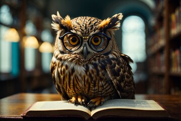 Owl with eyeglasses reading book in library. Education concept.