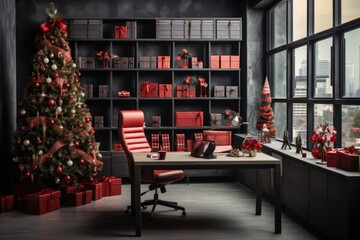 Workplace office decorate with Christmas and many gift box. Generative AI