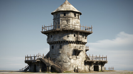 Reinforced concrete watchtower with multiple battled