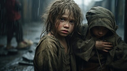 Fototapeta premium Two young children are standing in the rain