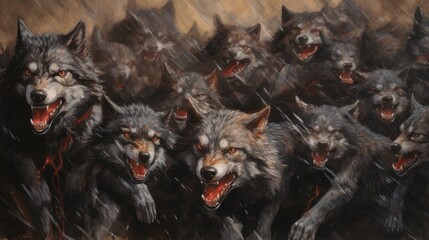 A painting of a herd of wolfs running in the rain