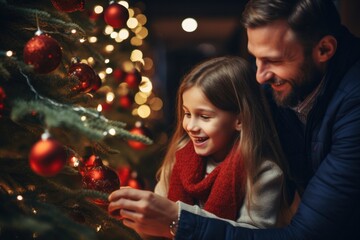 Obraz na płótnie Canvas Happy family hanging ornaments on a bright festive Christmas tree 