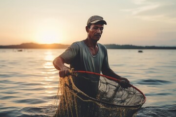 Fishing fisherman holds net. Person food nature fish catch. Generate Ai - obrazy, fototapety, plakaty