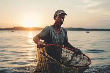 Poster Fishing fisherman holds net. Person food nature fish catch. Generate Ai © nsit0108