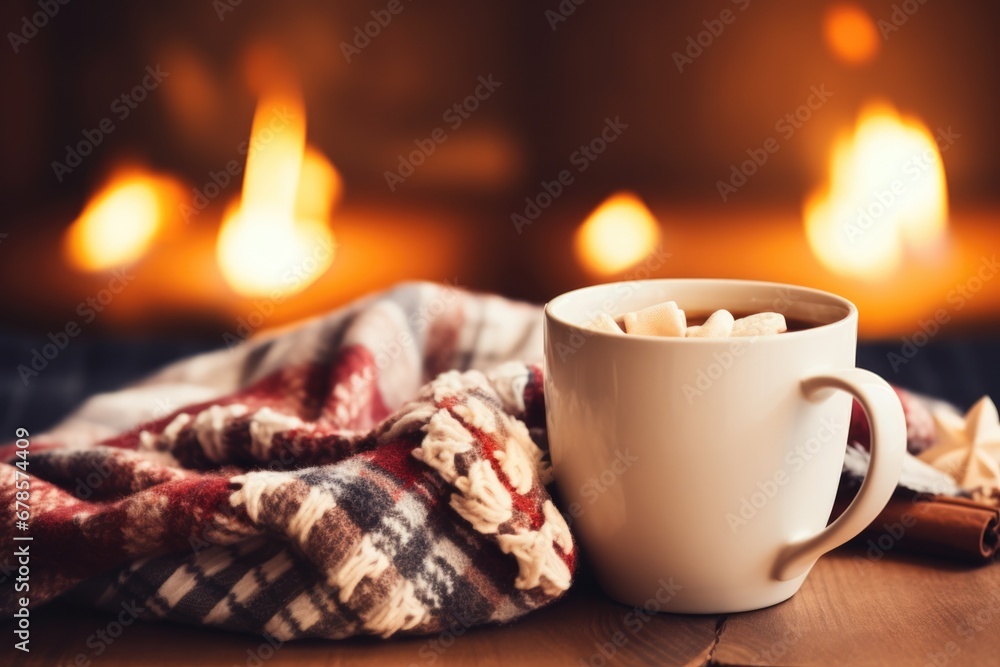 Aufkleber cozy fireplace scene with hot cocoa background with empty space for text