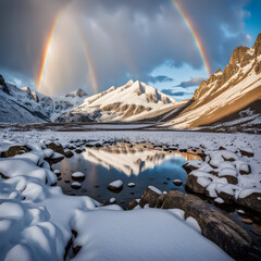 a snow covered mountain with a rainbow in the sky, a photo, by Aleksander Gierymski, land art, hiking in rocky mountain, near a small lake, 4k -4, tourist photo - obrazy, fototapety, plakaty
