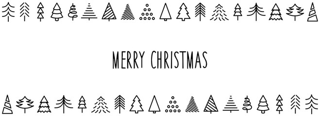 Christmas card with fir trees. Christmas banner with frame of fir trees. Christmas tree border in doodle style. Poster. Merry Christmas and Happy New Year. Vector illustration in linear style - obrazy, fototapety, plakaty