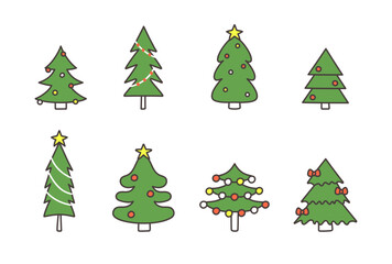 Winter colorful cartoon Christmas tree vector set. Christmas trees with xmas decorations - ornaments, stars, garlands, snowflakes, lamps. Pines for greeting card, invitation,banner, web