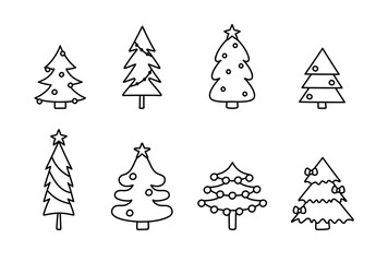 Set of Christmas Tree. Сhristmas trees with balls, stars and garlands. Christmas tree hand drawn illustrations. Template for design, greeting card, invitation. Vector illustration in doodle style