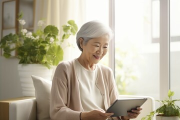 家でタブレットを見る笑顔の日本人おばあさん（デジタル端末・ガジェット・iPad） - obrazy, fototapety, plakaty