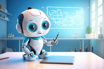 Fototapeta premium Cute artificial intelligence robot is practicing drawing and painting, AI learning concept.