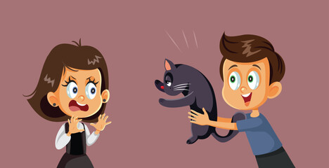 Boy Bothers his Sister with a Cat Vector Cartoon illustration. Friend taunting and bullying a colleague using a pet for pranking her
