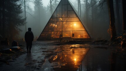 An illuminated house in dark foggy night nature - obrazy, fototapety, plakaty