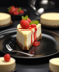 A delicious cheesecake sprinkled with goodies stands on a table with a beautiful background