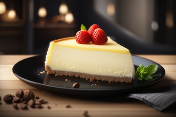 A delicious cheesecake sprinkled with goodies stands on a table with a beautiful background