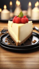 A delicious cheesecake sprinkled with goodies stands on a table with a beautiful background