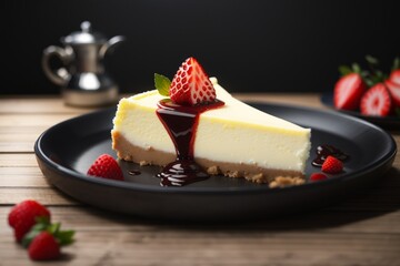A delicious cheesecake sprinkled with goodies stands on a table with a beautiful background