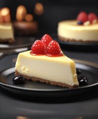 A delicious cheesecake sprinkled with goodies stands on a table with a beautiful background