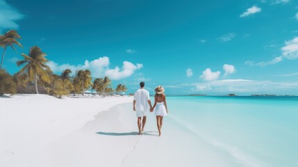 A couple walking on a white sand beach on a paradise island - obrazy, fototapety, plakaty